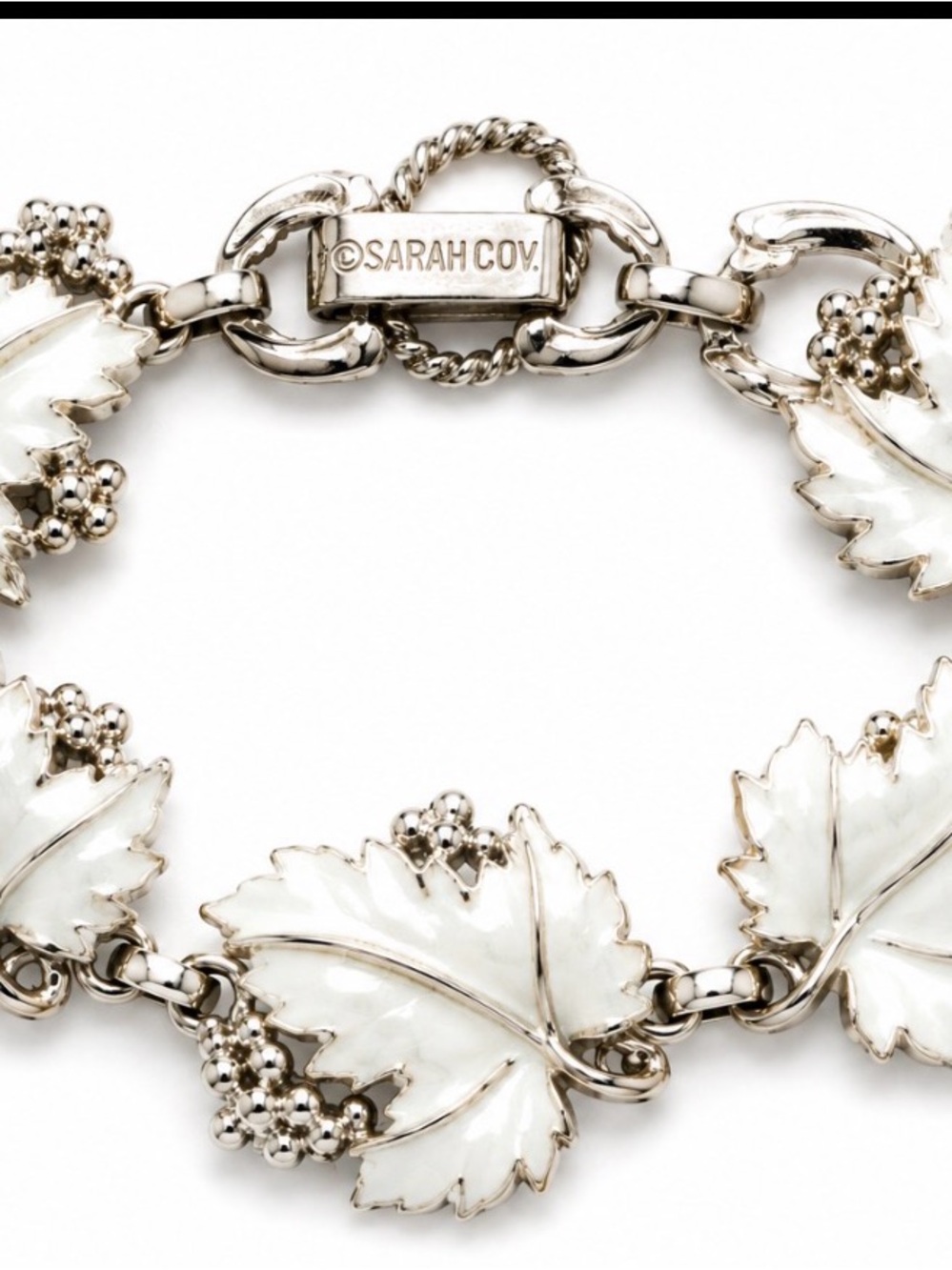 Vintage 1959 Sarah Coventry White Enamel Leaf Bracelet with Silver Tone